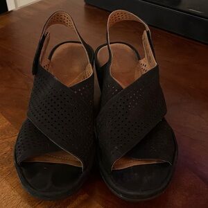 Clarks Reedly Variel black leather perforated wedge slingback sandals